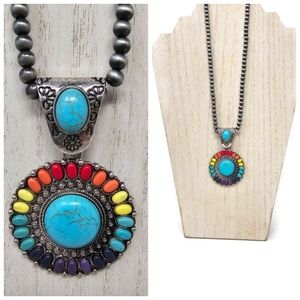 Hippie | Round Turquoise Western Style Concho Pendant Necklace New